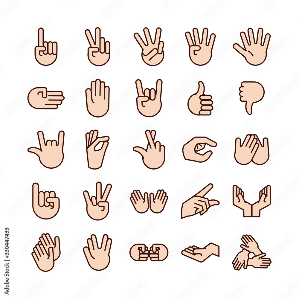 Fototapeta premium bundle of hands signals line and fill style icon