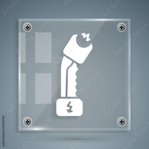 White Police electric shocker icon isolated on grey background. Shocker for protection. Taser is an electric weapon. Square glass panels. Vector Illustration