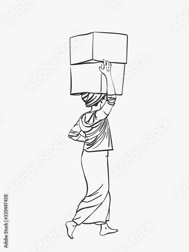 Burmese woman in longyi is carrying big boxes on her head, Vector sketch, Hand drawn linear illustration