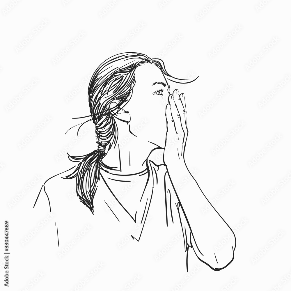 Sketch of young woman covering her mouth with hand, Portrait in profile, Vector hand drawn illustration Sketch of young woman covering her mouth with hand, Portrait in profile, Vector hand drawn illustration