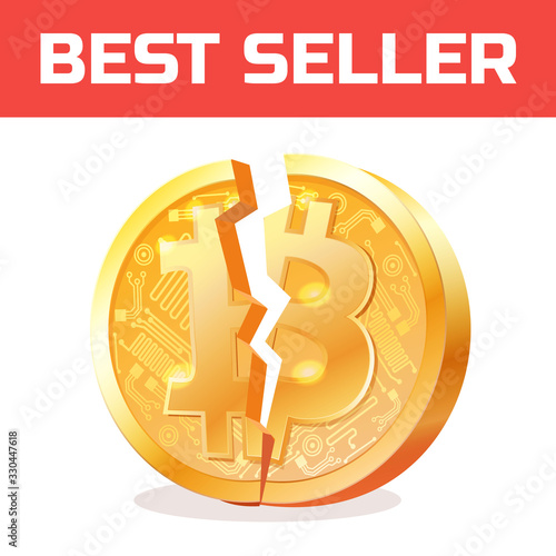 Vector broken bitcoin. Blockchain and crypto currency crisis. Crypto currency devaluation. Bitcoin fallen.