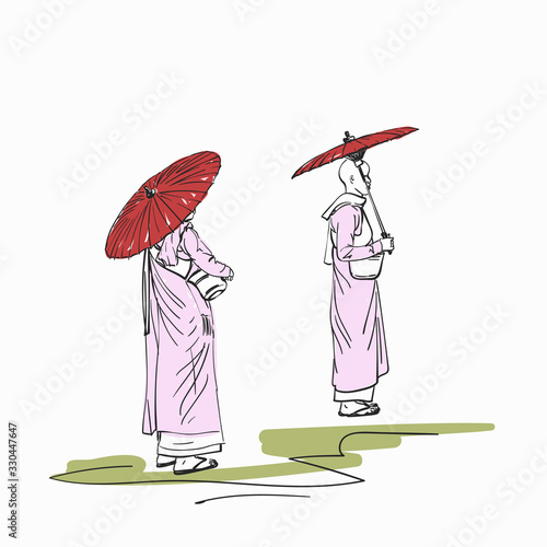 Sketch of Burmese buddhist nuns with red sun umbrellas, Hand drawn vector illustration