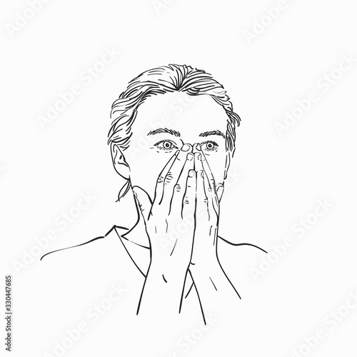 Young woman covered her mouth and nose with her hands, Vector portrait sketch, Hand drawn linear illustration