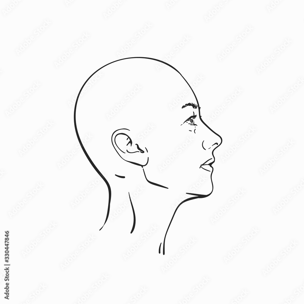 Portrait of bald headed woman in profile, Hand drawn linear illustration, Vector sketch isolated on white background