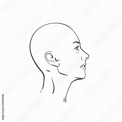Portrait of bald headed woman in profile, Hand drawn linear illustration, Vector sketch isolated on white background
