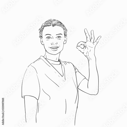 Smiling woman portrait with combed hair showing Okay gesture, Vector sketch, Hand drawn illustration