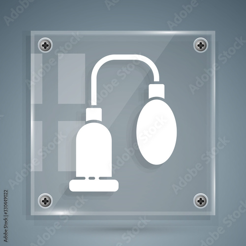 White Penis pump icon isolated on grey background. Penis enlarger. Sex toy for men. Vacuum pump with a blower to increase the penis. Square glass panels. Vector Illustration