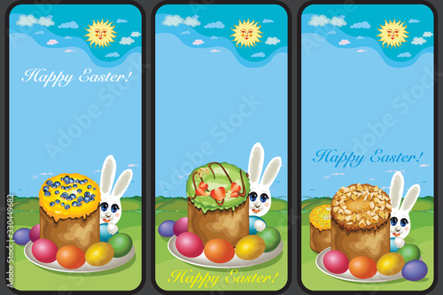 Set of Easter holiday greeting images. Vertical format suitable for smartphone. Vector Illustration