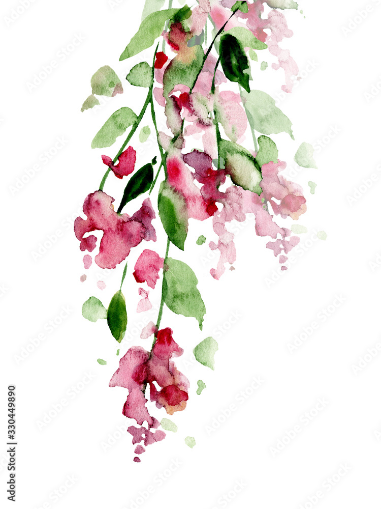 Watercolor flower illustration, tropical pink and green plant isolated