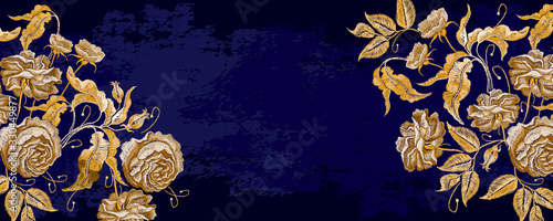 Beautiful buds of antique roses flowers. Fashionable medieval banner. Template for design. Renaissance art
