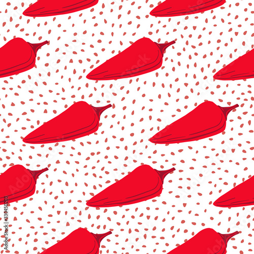 Chilli seamless pattern on dots background. Chile peppers wallpaper.