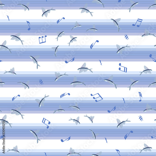 Flying fish. Sea music background. Design for textile, menu design, holiday invitations, sea trips, cruises.