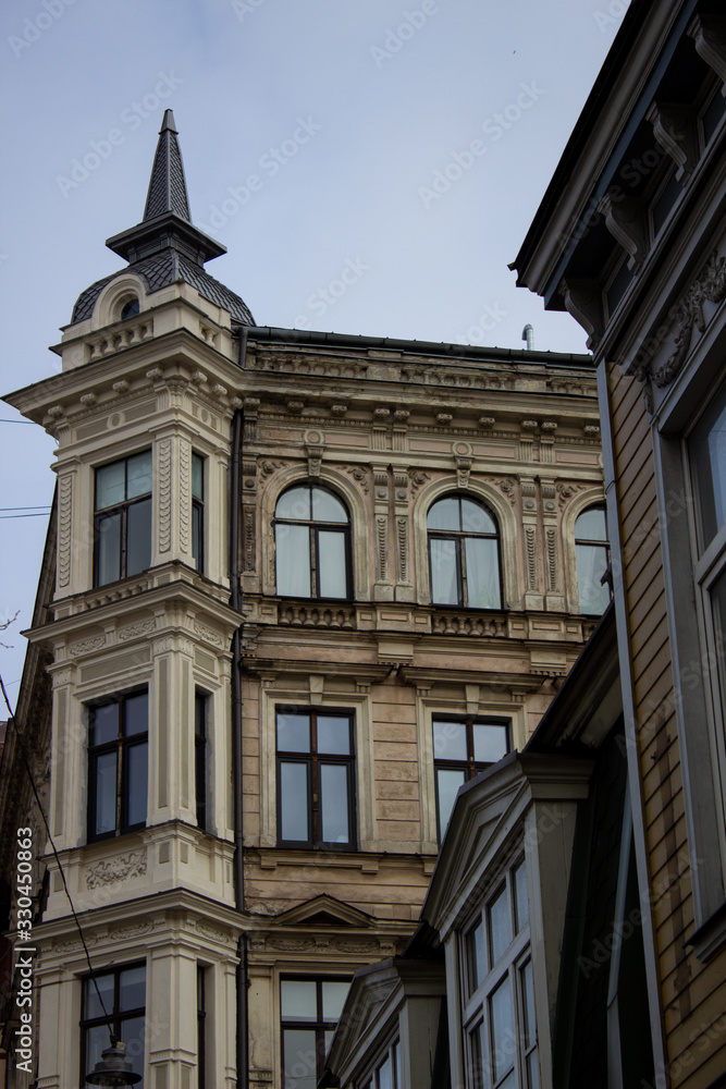 Beautiful buildings in Riga, Latvia. Walking in Riga in March 2020