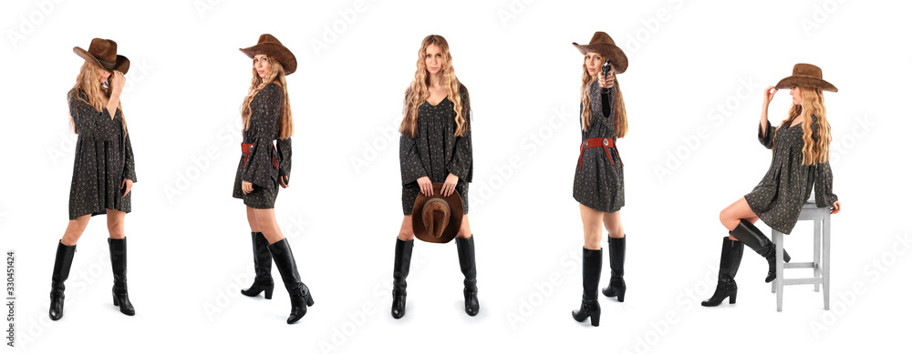 Collage of a cowboy girl on a white background