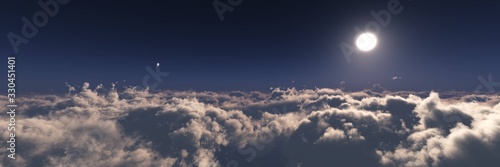 The moon over the clouds, View over the clouds, panorama of clouds at sunset, the sky with clouds and the sun aerial view, 3D rendering © ustas