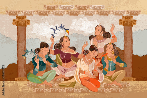 East murals. Women in national ethnic clothes. Arabic frescos. Fashion islamic princesses. Beautiful girls in harem. Scheherazade tell fairy tales in moonlight night