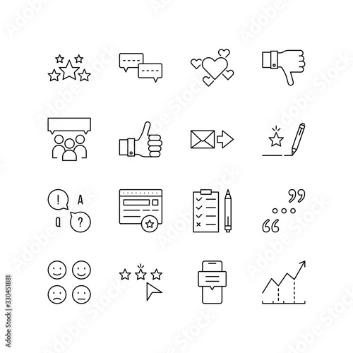 feedback and testimonials linear icon set. concept of social web, influence forum, loyalty proposal, target research, inquiry - response, crm. symbol media. black sign isolated on white background