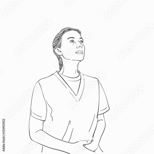 Young woman with hands on her belly looking up on side, Vector sketch, Hand drawn illustration