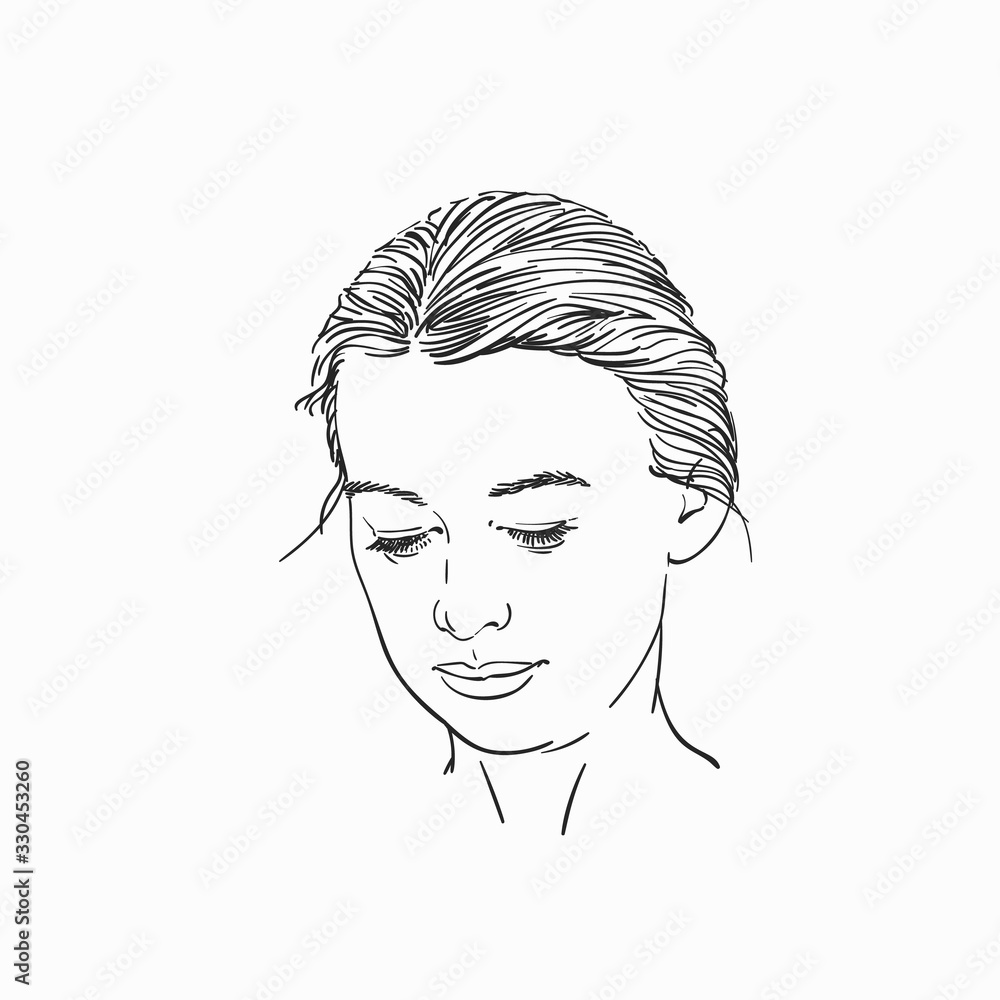 Portrait of young woman looking down, Vector sketch, Hand drawn illustration Portrait of young woman looking down, Vector sketch, Hand drawn illustration