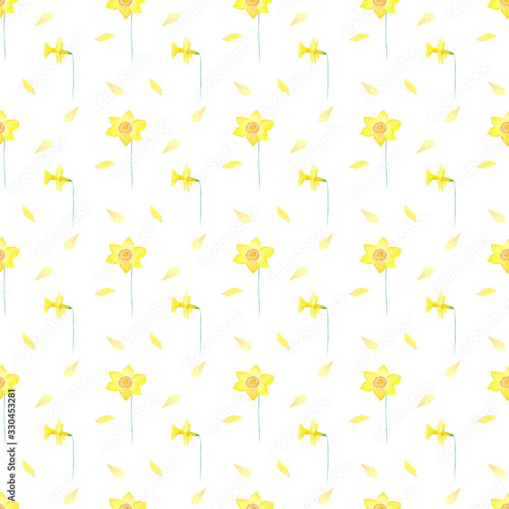 Obraz premium Watercolor yellow narcissus seamless pattern on white background. Hand-drawn endless print of elements of a wildflower: petals, leaves, blossoms for your design. Yellow floral wallpaper.
