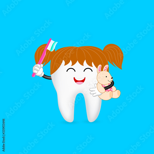 Cute cartoon tooth character holding toothbrush. Dental care concept. Illustration isolated on blue background.