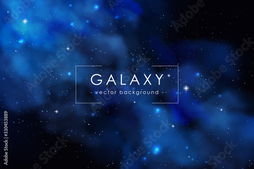 Cosmos background with realistic stardust, nebula and shining stars. Colorful galaxy backdrop. Space vector illustration. Starry night, infinite universe, milky way.