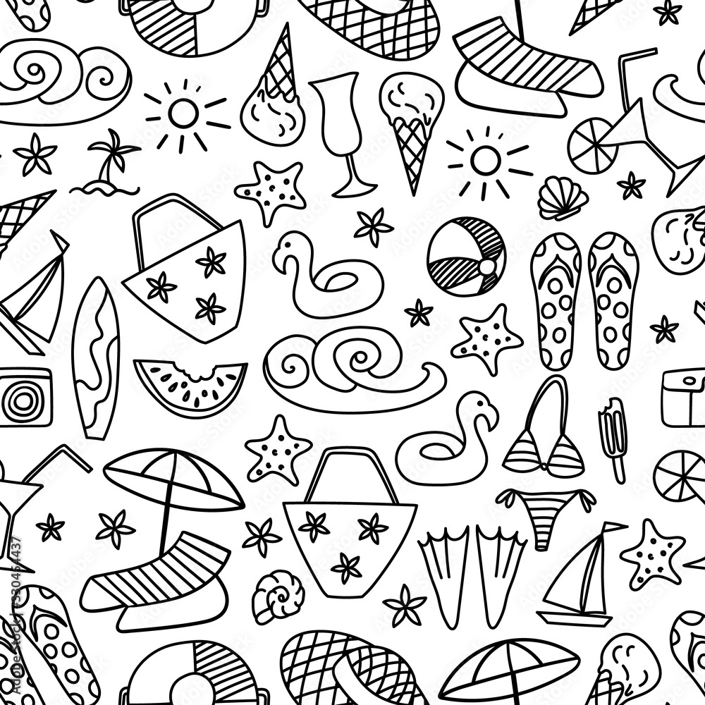 Seamless pattern with summer hand drawn icons on white background ...