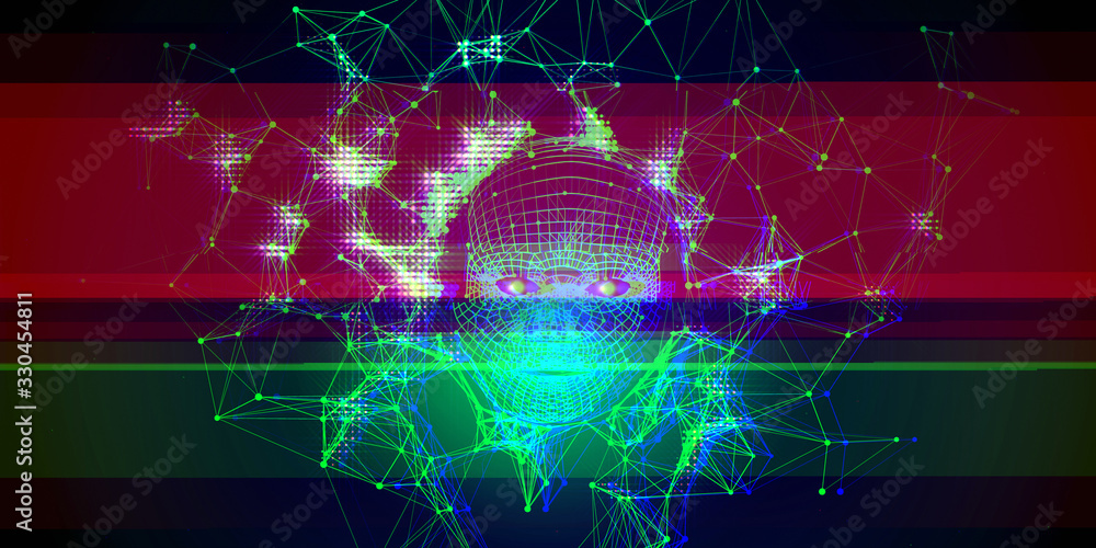 AI. Technology glitch color background with grid face on black ...
