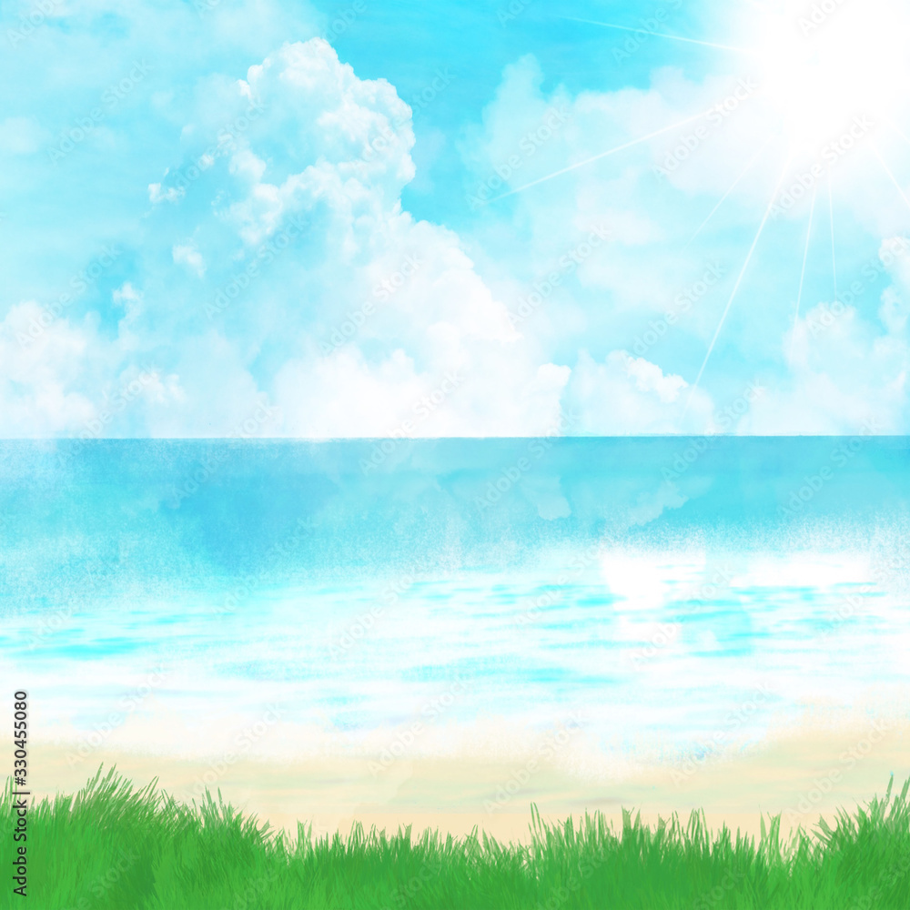 Fototapeta premium リゾート地 海 夏 青空 光 背景イラスト