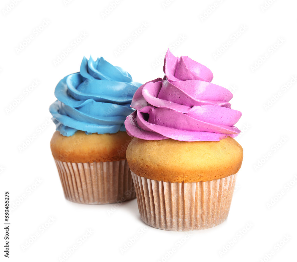 Delicious cupcakes isolated on white. Birthday treats Delicious cupcakes isolated on white. Birthday treats