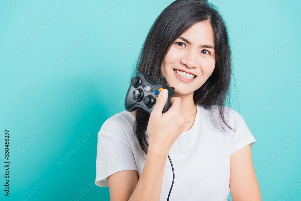 Fototapeta premium woman wear t-shirt gamer with a joystick