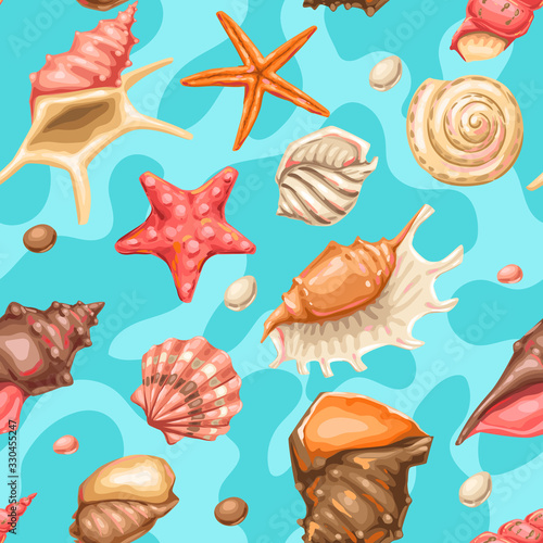 Seamless pattern with seashells. Tropical underwater mollusk shells.