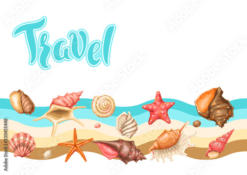Background with seashells. Tropical underwater mollusk shells.