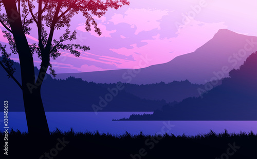 Mountains lake and river landscape silhouette tree  horizon Landscape wallpaper Sunrise and sunset Illustration vector style colorful view background