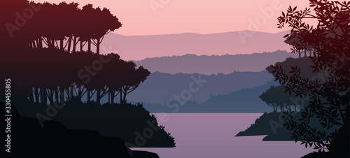 Mountains lake and river landscape silhouette tree  horizon Landscape wallpaper Sunrise and sunset Illustration vector style colorful view background