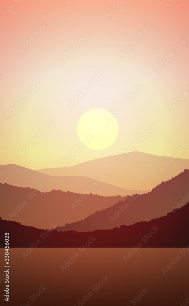 Obraz premium Mountains lake and river landscape silhouette tree horizon Landscape wallpaper Sunrise and sunset Illustration vector style colorful view background