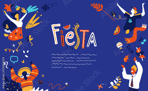 Design per cartoline, poster, banner. Uomini e donne sorridenti e felici ballano, festeggiano un evento speciale