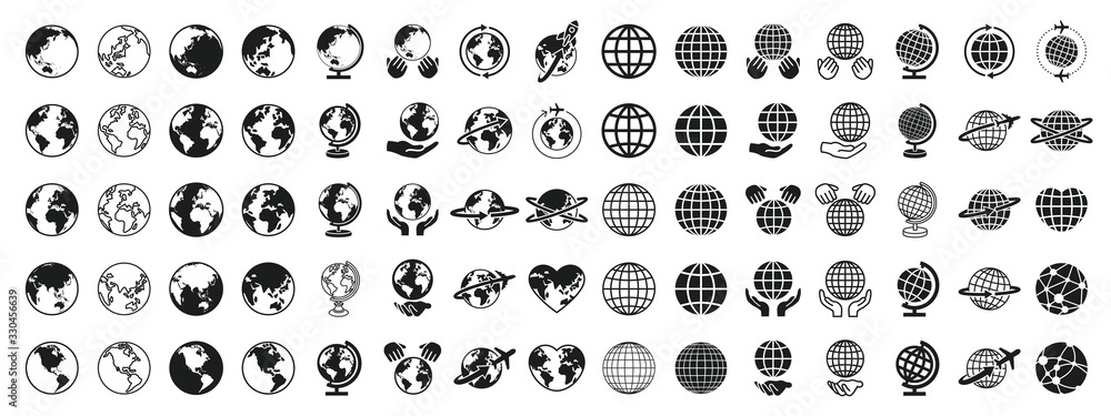  Earth Global Black and White Set - obrazy, fototapety, plakaty 