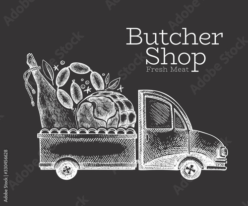 Butcher shop delivery logo template. Hand drawn vector truck with meat illustration. Engraved style retro food design.