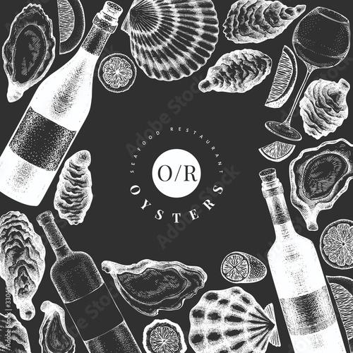 Oysters and wine design template. Hand drawn vector illustration on chalk board. Seafood banner. Can be used for design menu, packaging, recipes, label, fish market, seafood products.