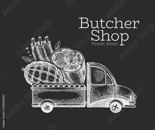 Butcher shop delivery logo template. Hand drawn vector truck with meat illustration. Engraved style retro food design.