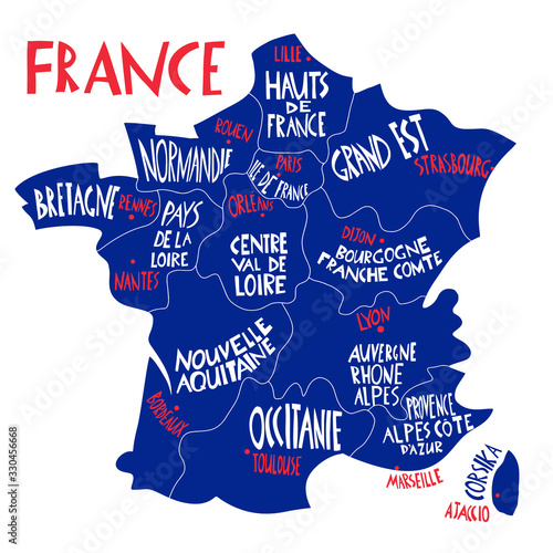 Vector hand drawn stylized map of France. Travel illustration with french regions, cities and rivers names. Hand drawn lettering illustration. Europe map element