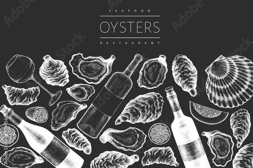 Oysters and wine design template. Hand drawn vector illustration on chalk board. Seafood banner. Can be used for design menu, packaging, recipes, label, fish market, seafood products.