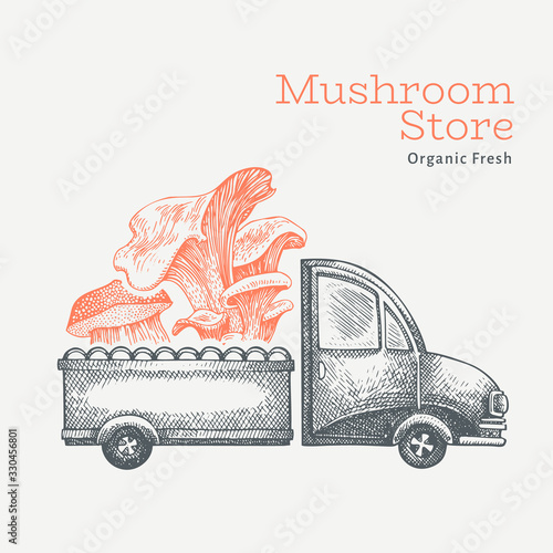 Mushroom shop delivery logo template. Hand drawn vector truck with mushroom illustration. Engraved style vintage food design.