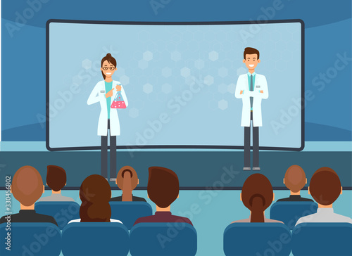 Man and Woman Pharmacists Conduct Lecture for Audience. Pharmaceutical Industry. Vector Illustration. Recruitment Agency. Woman with Chemical Flask in Hand. Stand on Stage in front Audience.