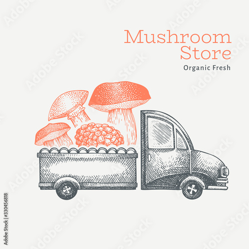 Mushroom shop delivery logo template. Hand drawn vector truck with mushroom illustration. Engraved style vintage food design.