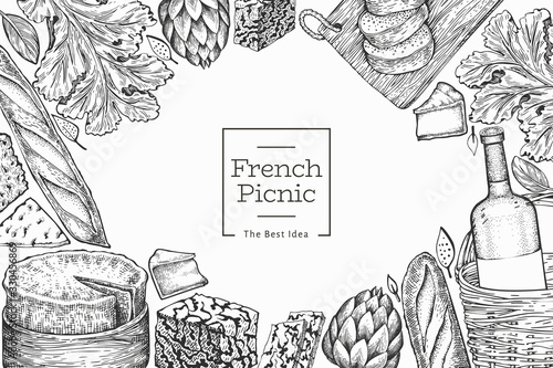 French food illustration design template. Hand drawn vector picnic meal illustrations. Engraved style different snack and wine banner. Vintage food background.