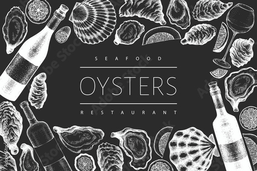 Oysters and wine design template. Hand drawn vector illustration on chalk board. Seafood banner. Can be used for design menu, packaging, recipes, label, fish market, seafood products.