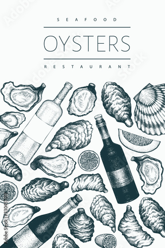 Oysters and wine design template. Hand drawn vector illustration. Seafood banner. Can be used for design menu, packaging, recipes, label, fish market, seafood products.