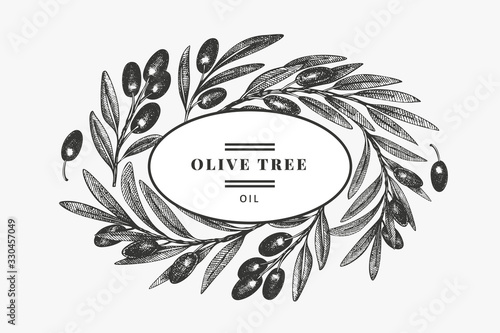 Olive branch design template. Hand drawn vector food illustration. Engraved style mediterranean plant. Retro botanical picture.